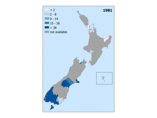 Movie 2: Number of days below 0°C, 1981-2019, by Territorial Authority (TA)